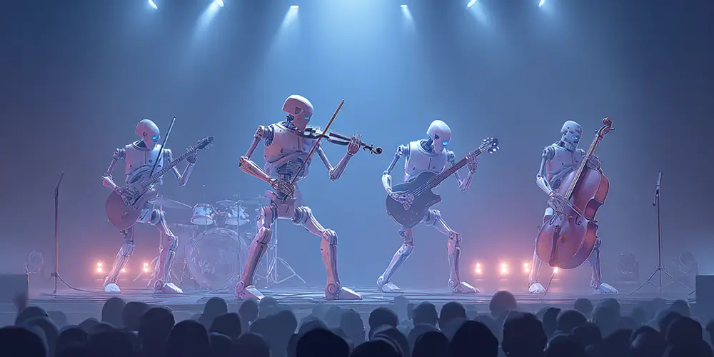Robots Playing AI-generated music on stage
